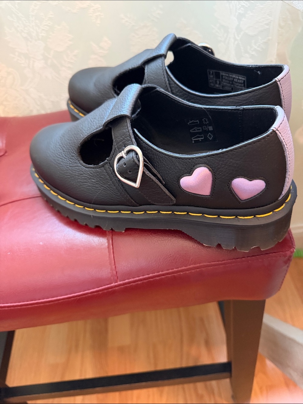 Dr. Martens Black Mary Jane Shoes with Yellow Stitching and Pink Heart Accent - Picture 3 of 8